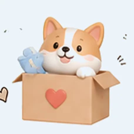 Mô hình chó corgi ngồi trong hộp giấy có hình trái tim