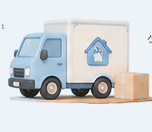 Mô hình xe tải giao hàng màu xanh bên cạnh thùng carton