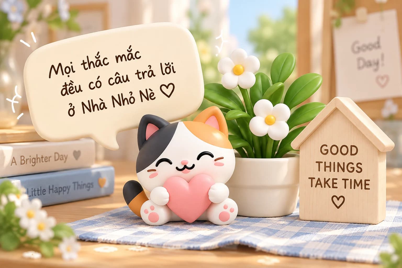 Mô hình mèo tam thể ôm trái tim hồng bên chậu hoa trắng và tấm bảng gỗ hình ngôi nhà "Good things take time" trên bàn gỗ trải khăn kẻ, cạnh bong bóng thoại viết tay "Mọi thắc mắc đều có câu trả lời ở Nhà Nhỏ Nè"