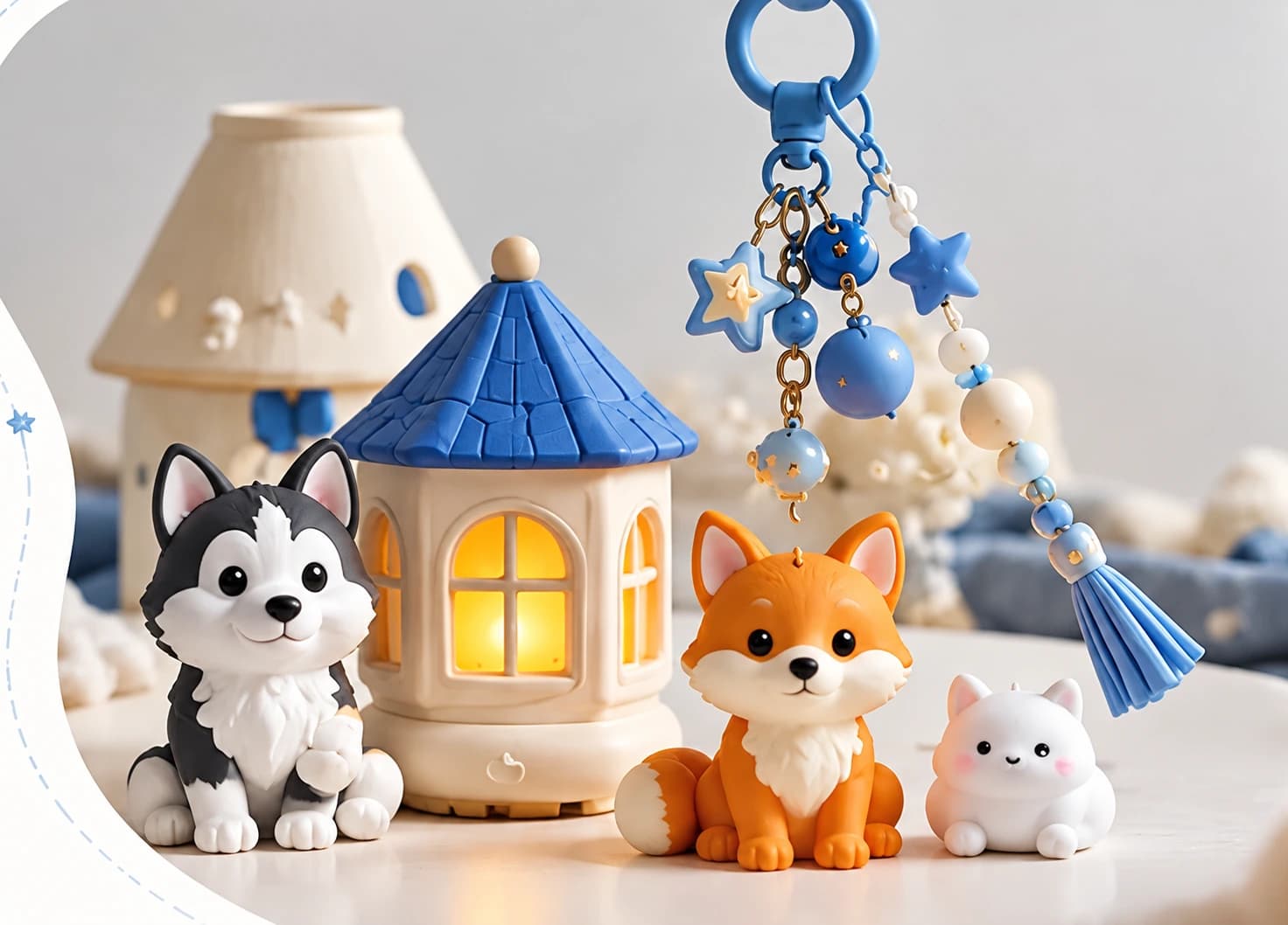 Đèn nhà nhỏ in 3D mái xanh cùng mô hình husky, cáo và mèo trắng, bên móc khoá chuỗi hạt handmade của Nhà Nhỏ