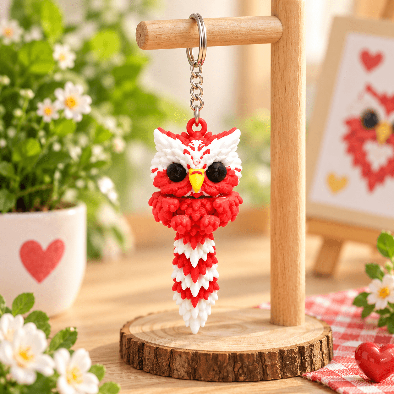 Móc khoá cú flexi đỏ trắng treo trên balo