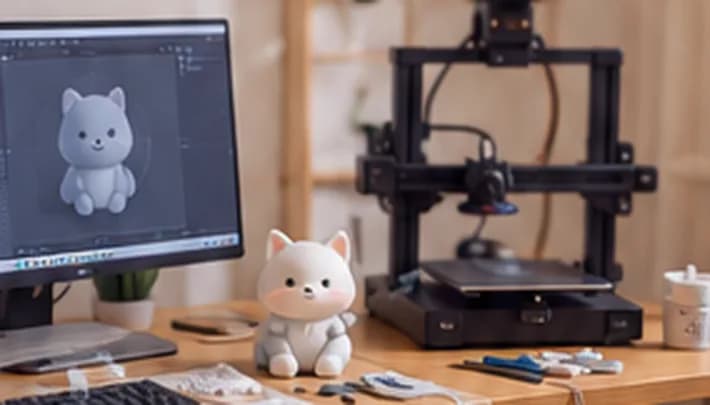 Góc làm việc của Nhà Nhỏ: bản vẽ 3D trên màn hình, máy in 3D và mô hình mèo vừa in xong