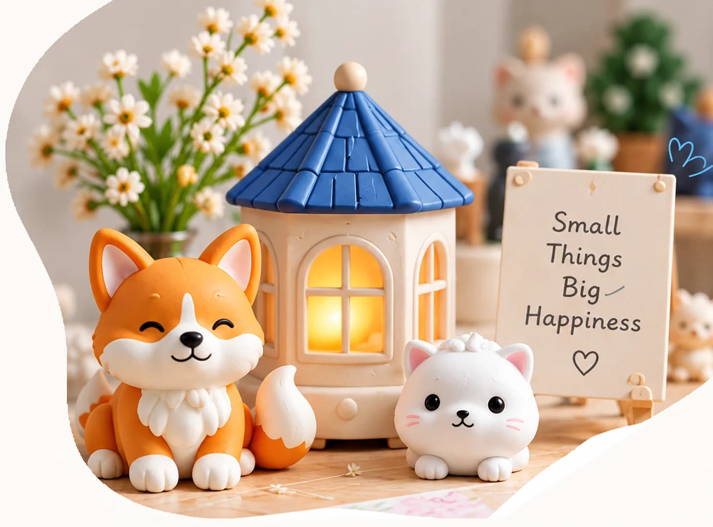 Mô hình cáo, mèo và đèn nhà nhỏ in 3D của Nhà Nhỏ bên tấm bảng "Small Things Big Happiness"